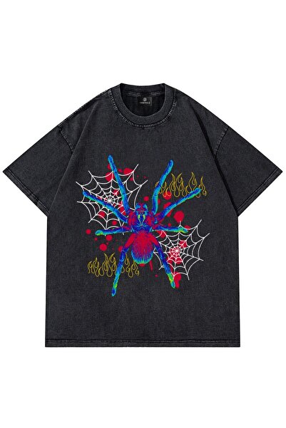 FECCY Tricou oversize gri unisex, lavabil, cu imprimeu păianjen