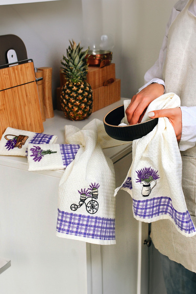 Lavien Home Dekoratif Mutfak Havlu Seti Nakışlı Ekose Baskılı Pike 4'lü 40x60cm