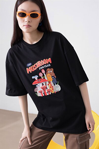 FECCY Tricou Oversize Unisex Negru cu Ciupercă