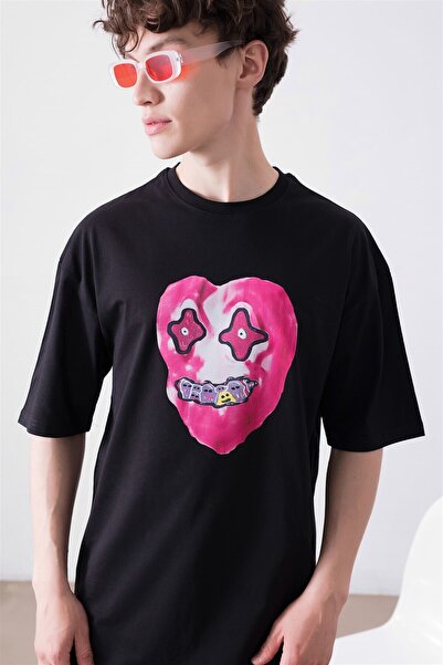 FECCY Υπερμεγέθες Unisex Μαύρο T-shirt με σχέδιο καρδιάς