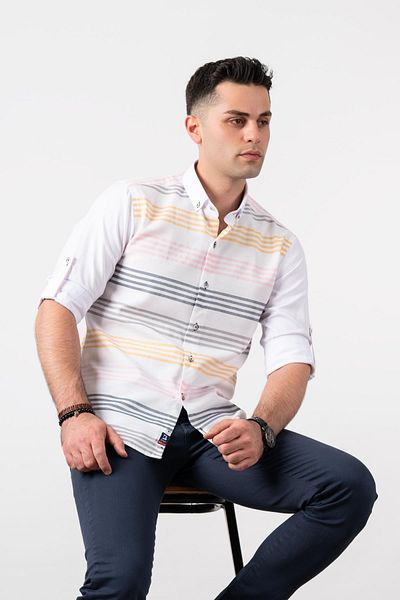 BİCAN Ανδρικό πουκάμισο Bican Slimfit με ριγέ γιακά με κουμπιά μανίκια