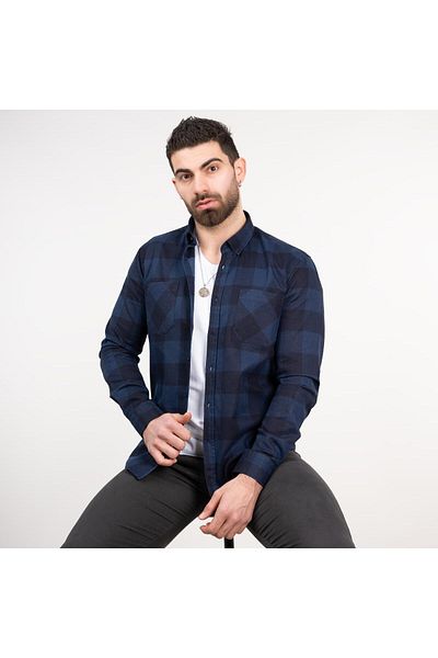 AKÇAYLAR Мъжка риза Slimfit с двоен джоб, тъмносиня, карирана