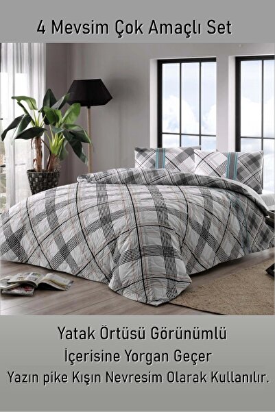 Taç Floyd Gri 4 Mevsim Çok Amaçlı Kapitoneli Tek Kişilik Set + Yorgan + Yastık