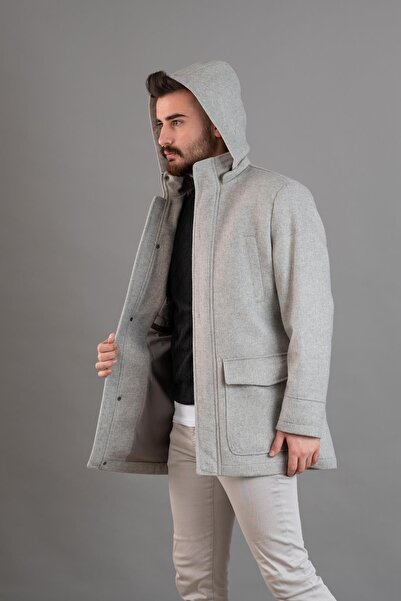 Sır Hooded Zipper Closure Regular Fit Men's Cashmere Coat