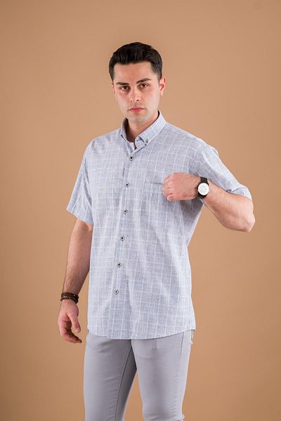BİCAN Cămașă pentru bărbați din bumbac cu model în carouri cu buzunar cu croială clasică Bican