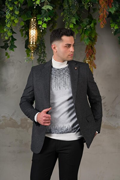 Sır Yünlü Mono Yaka Kaşmir Çift Yırtmaç 6 Drop Kışlık Erkek Tek Ceket Sr67502