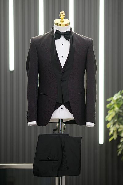 AKÇAYLAR Costum smoking cu model șal cu guler dominator, vestă slimfit, papion, pantaloni negri