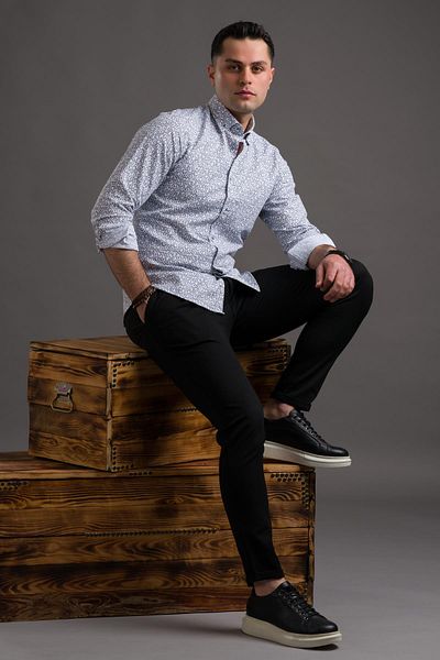 ADVANTE قميص رجالي بأكمام طويلة وياقة بأزرار Slimfit منقوشة