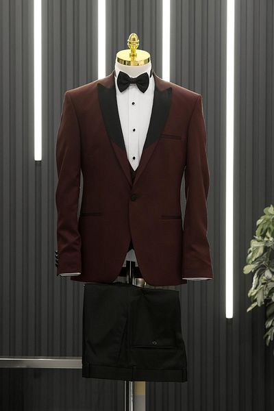 AKÇAYLAR Slimfit Dobby Dovetail Guler cu revere Vestă Papion Costum Tuxedo