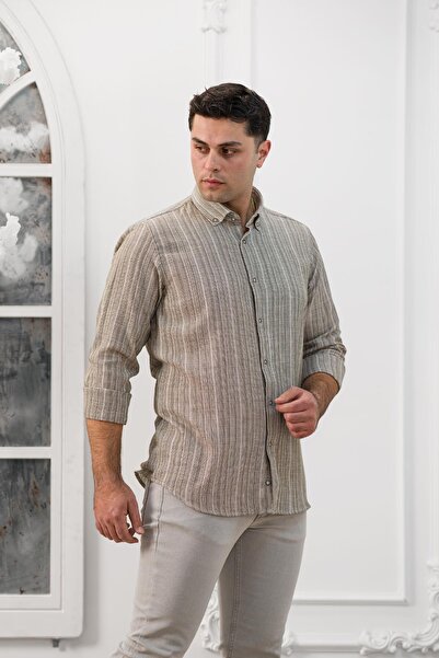 ADVANTE Слім-фіт сорочка з плетеним коміром на ґудзиках з смужками, з тканого полотна, для сезону