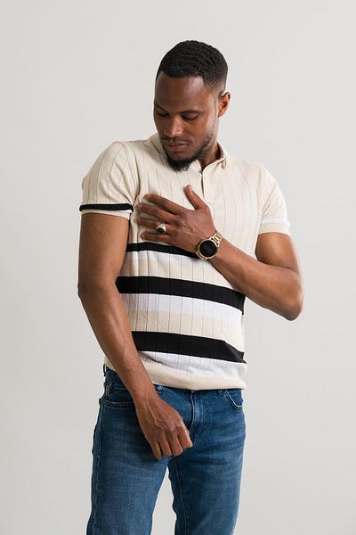 AKÇAYLAR Ανδρικό μπλουζάκι Slimfit Polo Neck Lycra ριγέ πλεκτό ύφασμα καλοκαιρινό αθλητικό