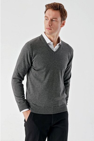 AKÇAYLAR Slimfit V-Neck Plain Basic Model Cotton Men's Long Sleeve Knitwear Sweater