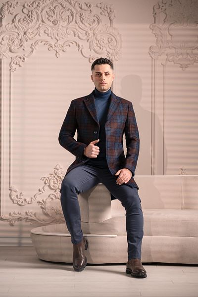 Sır Ανδρικό παλτό Slimfit Cashmere Wool καρό μονό πλισέ