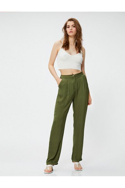 Koton High Waist Straight Leg Trousers Pocket Pleated Detailed