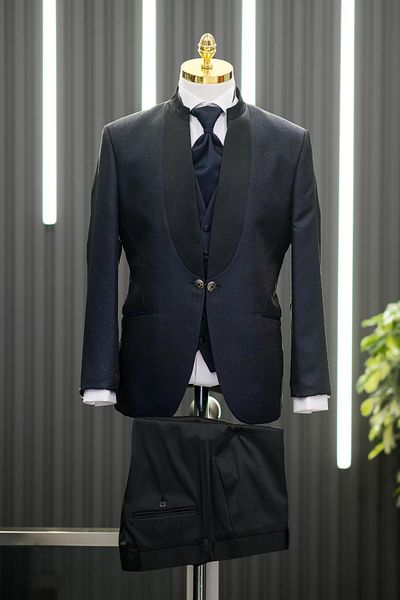 TORRES Costum smoking slimfit cu vestă cu sclipici cu model de guler de judecător și combinație de pantaloni evazați negri