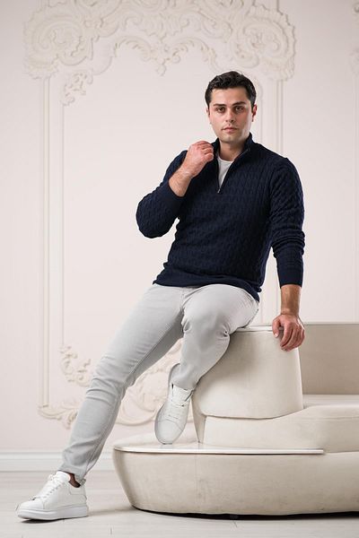 Sır Slimfit Turtleneck Zipper Collar Knitted Knitwear Woolen Men's Sweater