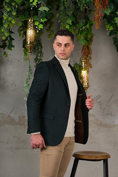 Sır Yünlü Mono Yaka Kaşmir Çift Yırtmaç 6 Drop Kışlık Erkek Tek Ceket Sr67502