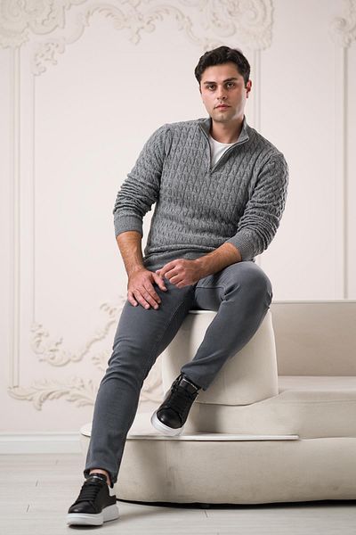 Sır Slimfit Turtleneck Zipper Collar Knitted Knitwear Woolen Men's Sweater