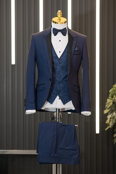 AKÇAYLAR Costum smoking Slimfit Dobby Mono cu guler cu rever, vestă reversibilă și papion
