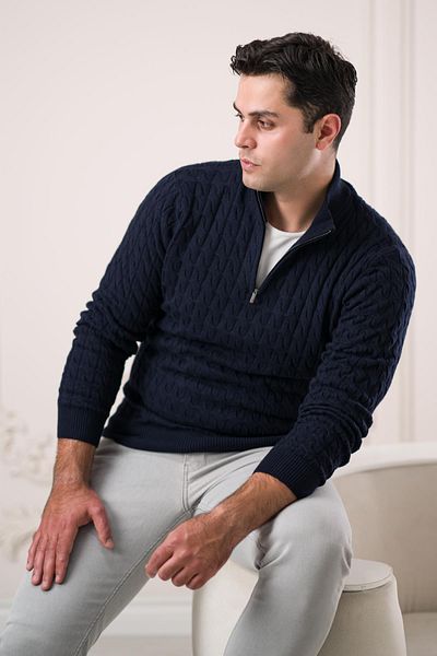Sır Slimfit Turtleneck Zipper Collar Knitted Knitwear Woolen Men's Sweater