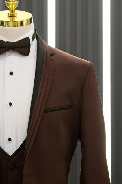 AKÇAYLAR Regular Fit Dobby Shawl Collar Vest and Bow Tie Tuxedo Suit