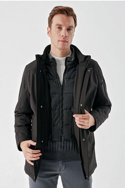 AKÇAYLAR Slimfit γιακά με φερμουάρ και κουμπωτό κρυφό κουκούλα με επένδυση με καπιτονέ παλτό με πλαϊνές τσέπες