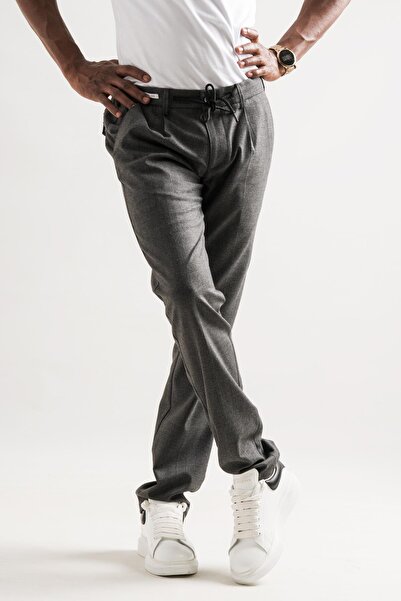 Ecer Tek Pileli Slimfit Beli Lastikli Ve Iplikli Çizgili Kışlık Erkek Kumaş Pantolon