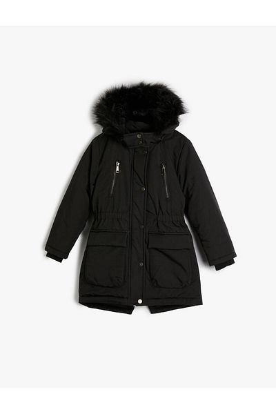 Koton Langer aufblasbarer Mantel mit Kapuze, Pelzdetail und Tasche für Mädchen