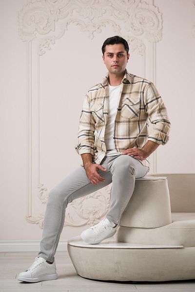 ModTime Плътна мъжка карирана памучна риза Slimfit с два джоба
