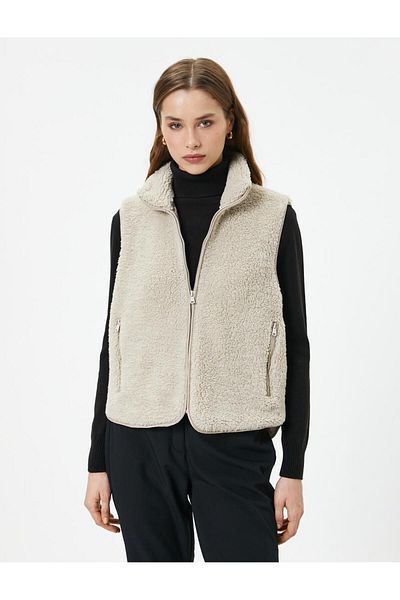 Koton Plush Vest Outdoor Stand Collar Half Zipper