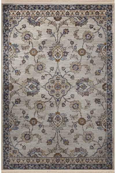 Rugs Modern Halı Bej Gri Temalı Geleneksel Motif Çiçek Desenli Saçaklı Vintag...