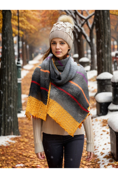 pinknite Hardal Sarı Çizgili Yün Kadın Şal/atkı Örgü Zarif Sınırlı Üretim