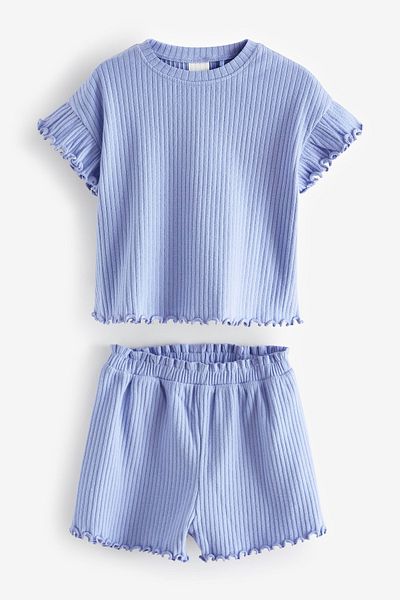 Next Baby Cotton Blue Ribbed Short Sleeve Shorts Top and Bottom Set