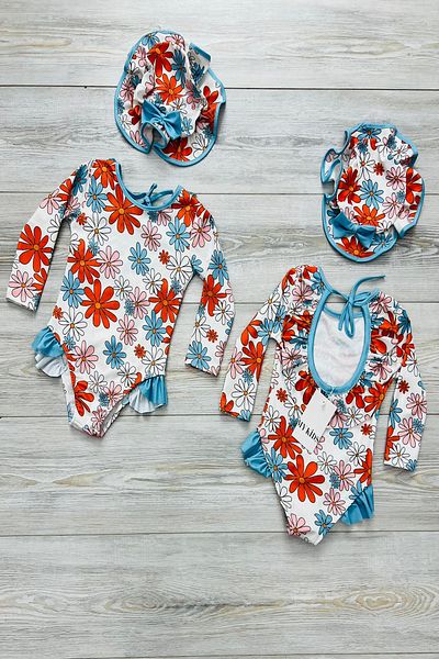 My Kids Wear Floral Swimsuit with Hat and Ruffle Back Rope Strap