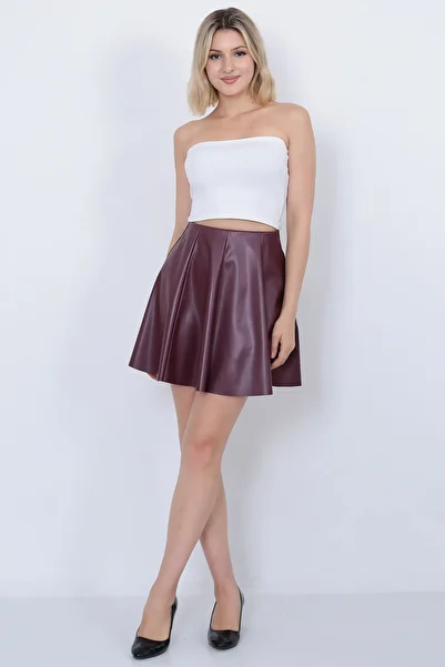 WAYS Women's Burgundy Faux Leather 8 Piece Mini Flared Skirt Faux Leather