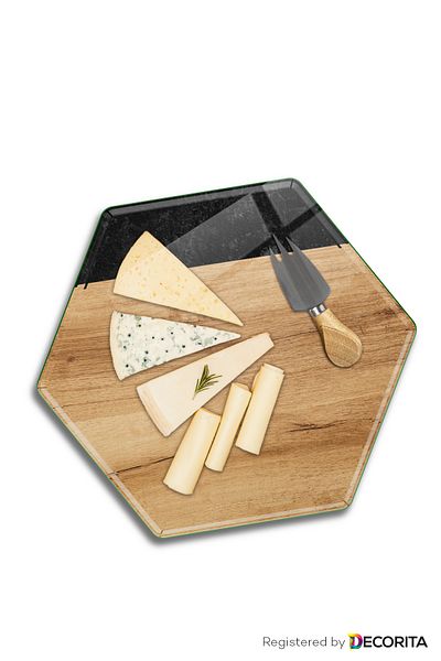 Decorita Placă de prezentare pentru brânză din sticlă |   Farfurie de servire din sticla |   Model lemn-negru |   26 cm x 30 cm