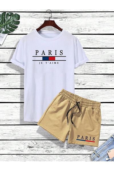 MOONBULL Men's Paris Jet'aime Printed T-shirt-Shorts Set