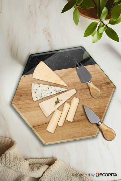 Decorita Placă de prezentare pentru brânză din sticlă |   Farfurie de servire din sticla |   Model lemn-negru |   26 cm x 30 cm