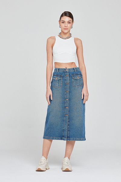 Pantamo Jeans Fusta de denim al femeii albastre învechite în ton deschis