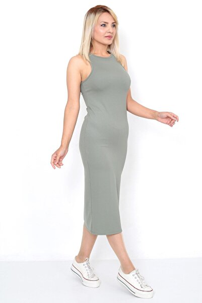 WAYS Kadın Haki Yırtmaç Detaylı Vücuda Oturan Bisiklet Yaka Midi Fitilli Esnek Örme Elbise
