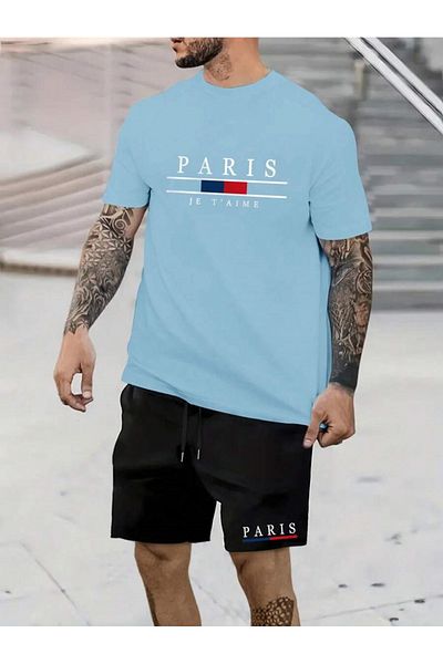 MOONBULL Men's Paris Jet'aime Printed T-shirt-Shorts Set