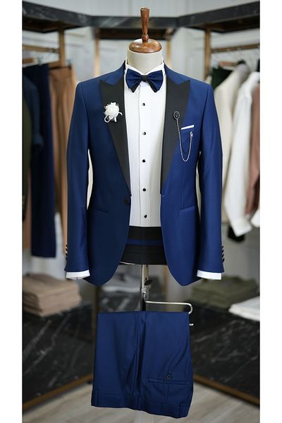 LONATOLİA Men's Belted Tuxedo Groom Suit Satin Swallow Collar Italian Cut Slim Fit-Sax Blue