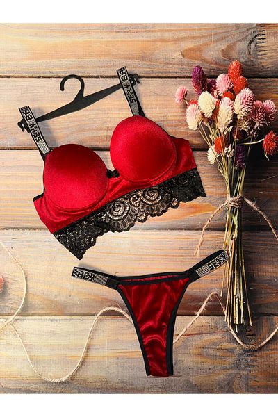 mikam VELVET WRITING DETAILED MODEL PADDED SUPPORTED SPECIAL DESIGN LACE 2-PIECE BRA SET