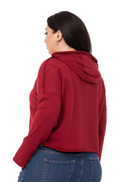 DISENTIS MODEST Plus Size Hooded Low Sleeve Filthy Stitched Three Thread Claret Red Sweatshirt