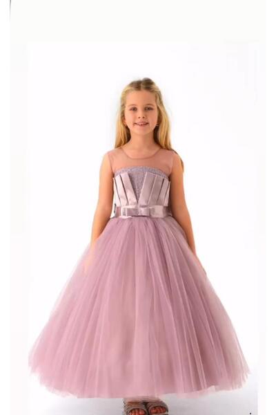 LisaKids 2-10 yaş arası taş baskı saten abiye elbise