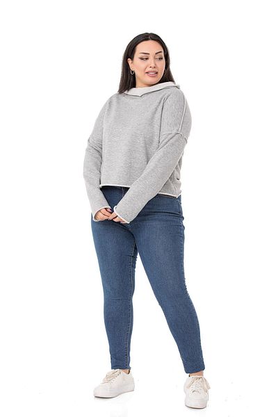 DISENTIS MODEST Large Size Hooded Low Sleeve Filthy Stitched Three Thread Gray Melange Sweatshirt