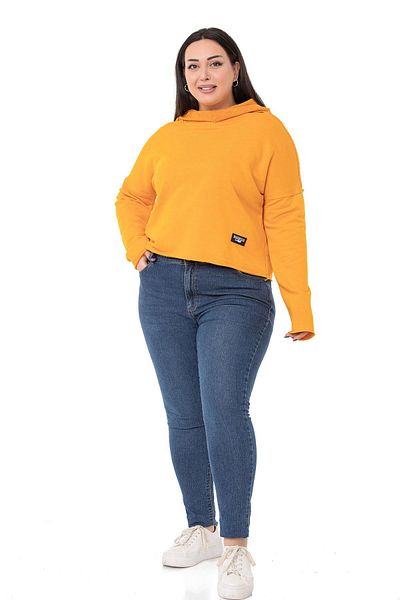 DISENTIS MODEST Plus Size Hooded Low Sleeve Filthy Stitched Three Thread Mustard Sweatshirt