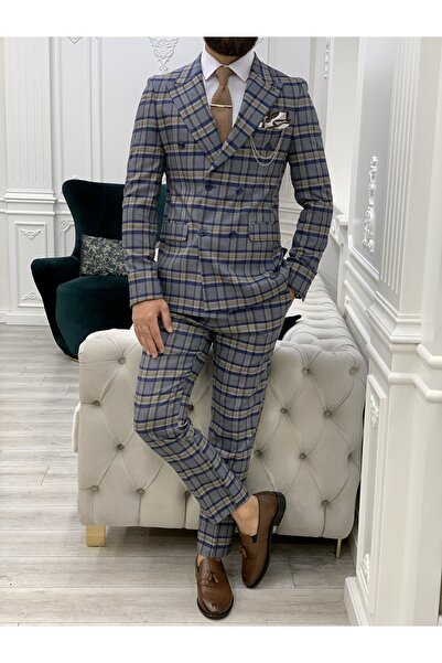 LONATOLİA Erkek Ekoseli Kruvaze Takım Elbise İtalyan Kesim Slim Fit Ceket Pantolon-Mavi