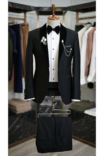 LONATOLİA Erkek Kuşaklı Smokin Damatlık Kadife Şal Yaka İtalyan Kesim Slim Fi...