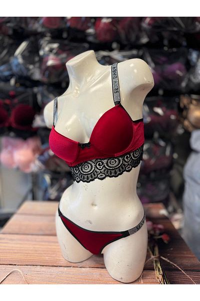 mikam VELVET WRITING DETAILED MODEL PADDED SUPPORTED SPECIAL DESIGN LACE 2-PIECE BRA SET